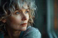 Mature woman with striking blue eyes and curly blonde hair gazing thoughtfully through window in soft natural light, wearing cozy gray sweater. Artistic portrait captures aging gracefully.