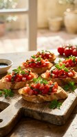 Toasted bread slices topped with fresh diced tomatoes, basil, and garlic served on wooden board. Bruschetta appetizer for entertaining and catering events.