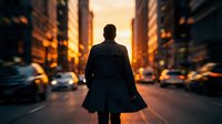 Businessman walking down busy city street at sunset with warm golden light and blurred traffic creating atmospheric urban scene for corporate success concepts.
