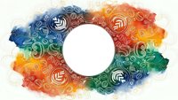 Colorful abstract watercolor frame with swirling patterns and white center space for text or logo design on transparent background.