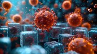 Microscopic view of virus particles floating among cellular structures in blue tones, illustrating infectious disease concept in medical science.