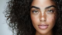Young African American woman with natural curly hair, freckles and glowing skin against light background. Close up beauty portrait showing natural makeup look.