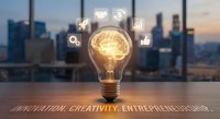 Glowing light bulb with brain filament and business icons on wooden desk against blurred city skyline at sunset representing innovation and entrepreneurship.