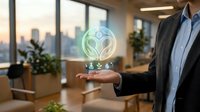 Professional businessman presenting holographic healthcare heart symbol in modern office environment with city skyline view for medical technology concepts.
