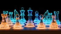 Glowing chess pieces on illuminated board with dramatic blue and orange lighting effects create atmospheric competitive game scene on dark background.