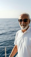 Senior man with white beard and sunglasses smiling on sailboat deck with calm ocean backdrop. Suitable for travel, leisure, retirement, and lifestyle marketing campaigns.