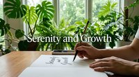 Person with medium skin tone tending to potted plants on wooden desk near bright window, surrounded by lush green foliage, holding document, indoor gardening and plant care concept.