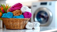 Colorful rolled towels in wicker basket against washing machine background in laundry room, fresh clean folded bathroom textiles in bright colors.