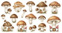 Mushroom houses and fungi isolated on white background, ready for clipart, children's book illustrations, game design, and craft projects.