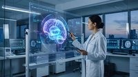 Asian female doctor analyzing holographic brain scan in futuristic medical laboratory with digital interface technology for neurological research and diagnosis.