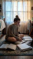 Young woman student studying at home with laptop and books in cozy bedroom with natural sunlight streaming through window curtains.