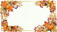 Autumn harvest frame with pumpkins, fall leaves, wheat, and berries arranged in corners on cream background with gold border.