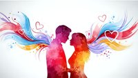 Romantic couple silhouettes with colorful watercolor splash wings and hearts on white background for wedding, Valentine's Day and love designs.