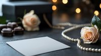 Elegant composition with peach roses, pearl necklace, and chocolate pralines surrounding blank white card on dark background with soft bokeh lights.