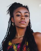 Young African American woman with long braided hair wearing colorful tropical print top and gold jewelry poses confidently against light background. Perfect for beauty and fashion marketing.