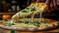 Stretchy melted mozzarella cheese pull from fresh baked pizza with herbs and golden crust on wooden surface, dramatic lighting in dark restaurant setting.