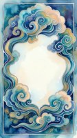 Watercolor cloud frame with swirling ornamental border in blue and gold tones, empty center space for text or design elements, decorative vintage style.