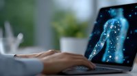 Glowing digital security lock on laptop screen with person typing, representing cybersecurity and data protection in modern workplace setting.