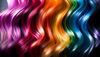 Vibrant rainbow colored wavy hair strands flowing against black background, featuring smooth glossy texture and dynamic movement pattern for beauty and fashion designs.