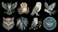 Owl collection with isolated birds on transparent background, ready for t-shirt design, clipart, stickers, sublimation, print-on-demand products and digital crafts.