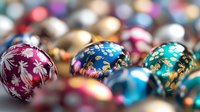Colorful Christmas ornaments with floral patterns in pink, blue, and turquoise close up. Festive glass baubles with delicate metallic decorations create holiday atmosphere.