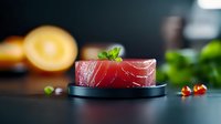 Fresh raw tuna steak garnished with basil leaf on black plate against dark background, selective focus with blurred citrus and herbs for food styling.
