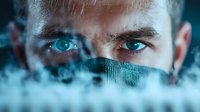 Intense blue eyes peering through digital matrix pattern and smoke effect, creating mysterious cyberpunk atmosphere for technology and security concepts.