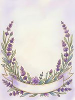 Lavender floral wreath with blank banner on soft purple background, isolated design element suitable for invitations, greeting cards, and decorative projects.