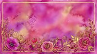 Watercolor pink and purple background with golden floral border, roses and leaves, vibrant magenta texture for greeting cards and invitations.