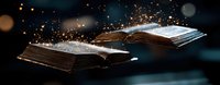 Magical floating books with glowing sparkles and light orbs against dark background, pages fluttering with mystical energy creating ethereal atmosphere.