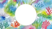 Vibrant watercolor coral reef frame with tropical fish and sea plants creating circular border for marine themed designs and ocean artwork.