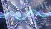 Futuristic DNA double helix with glowing neon waves and crystalline structures in purple and blue tones for biotechnology and genetic research concepts.