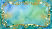 Ornate golden frame border on watercolor background with blue and green gradient wash, suitable for invitations, certificates, and decorative design projects.