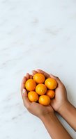 Hands holding fresh golden oranges or small citrus fruits against white marble background, overhead view for food and wellness content.