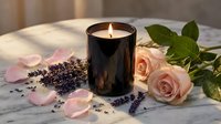 Luxury black candle burning with pink roses, lavender sprigs and scattered petals on marble surface creating romantic spa atmosphere for relaxation and wellness.