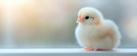 Adorable yellow baby chick with fluffy feathers standing on light surface against soft blurred background. Close up view of newborn domestic bird with pink beak and feet.