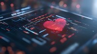 Digital heart rate monitor showing red heart symbol on dark screen with medical data visualization and vital signs tracking for healthcare technology.