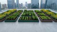 Rooftop urban garden with organized vegetable and herb beds overlooking city skyline, sustainable agriculture and green space design for commercial buildings.
