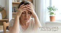 Stressed middle-aged Caucasian woman holding head in hands experiencing headache or mental fatigue in bright home office with plants and books.