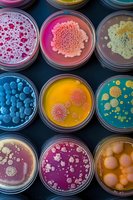 Colorful bacterial cultures growing in petri dishes showing diverse microorganisms and colony formations for scientific research and laboratory studies.