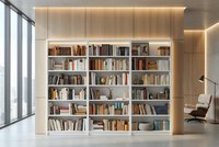 Modern home library with built-in white bookshelf wall filled with books in contemporary living room with wooden ceiling and large windows.