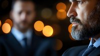 Side profile of mature bearded businessman in dark suit against blurred bokeh lights, colleague silhouette in background creates dramatic corporate atmosphere.