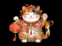 Lucky cat in traditional Asian festive attire holding a red lantern, isolated on transparent background. Great for stickers, t-shirt design, print on demand, sublimation.