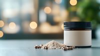 Cosmetic black jar with powder and scattered coffee beans on blurred bokeh background. Natural skincare product photography for beauty and wellness marketing.