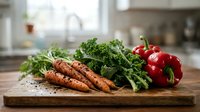 Fresh organic vegetables on wooden cutting board in modern kitchen with carrots, leafy greens and red bell peppers for healthy cooking and meal preparation.