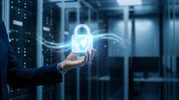 Businessman hand holding glowing digital padlock icon with network connections in modern data center server room for cybersecurity protection concept.
