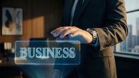 Professional businessman in suit touching glowing business hologram interface in modern office environment for corporate technology concepts.