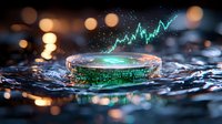 Glowing cryptocurrency coin with rising graph hologram on water surface, surrounded by bokeh lights and digital matrix code effect. Financial concept.