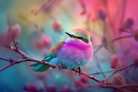 Vibrant colorful bird perched on flowering branch against dreamy bokeh background in pink and turquoise tones, artistic nature photography for wall decor.