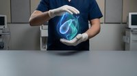 Healthcare professional protecting glowing digital heart with hands in modern medical facility for cardiology and telemedicine applications.